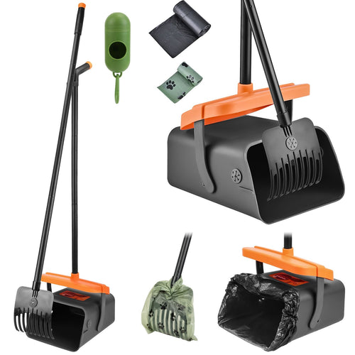 Pooper Scooper Kit Dog Poop Rake & Swiveling Bin Poop Heavy Duty Pick Up Tool with Extra Long Handle 35 Waste Bags Dispenser