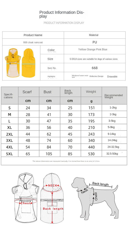 large and small dog raincoat cloak type reflective strip pet raincoat windproof rainproof dog hooded raincoat