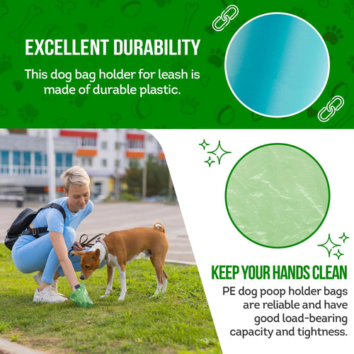 Dog Poop Bag Dispenser with 4 Rolls of 15 Bags in Each. 60 bags Green Dog Poop Bag Holder with Flashlight for Leash. Dog Bag Dispenser with Carabiner Clip. Poop Bags Holder for Walking